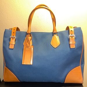Prada Canapa tan leather trim blue canvas tote